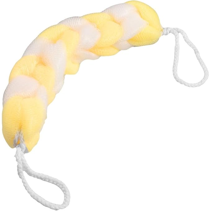Ruilogod Yellow White Meshy Nylon Chain Design Bath Shower Pouf Body Cleaner - Image 1